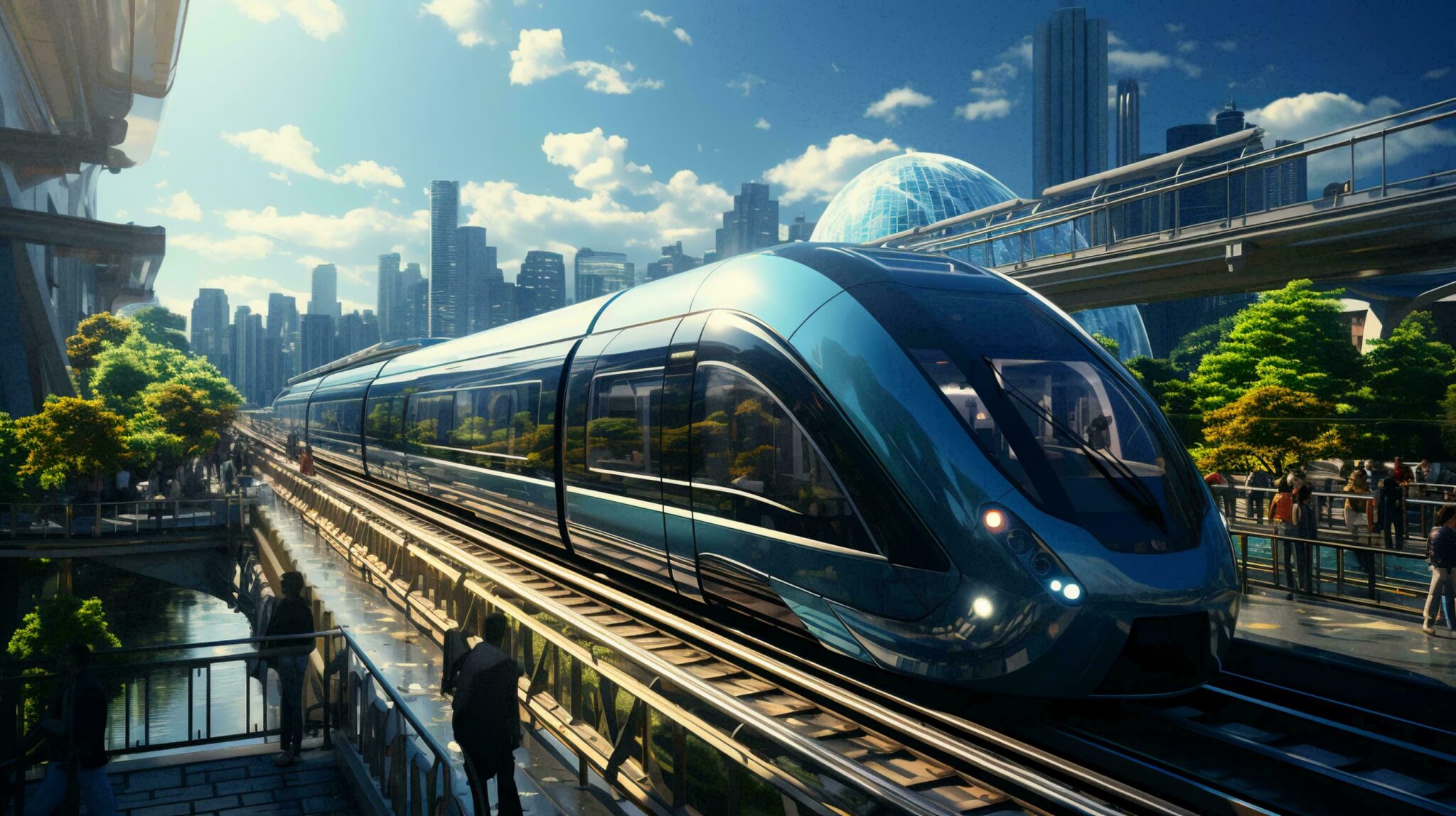 high-speed-train-on-the-background-of-a-futuristic-city-free-photo